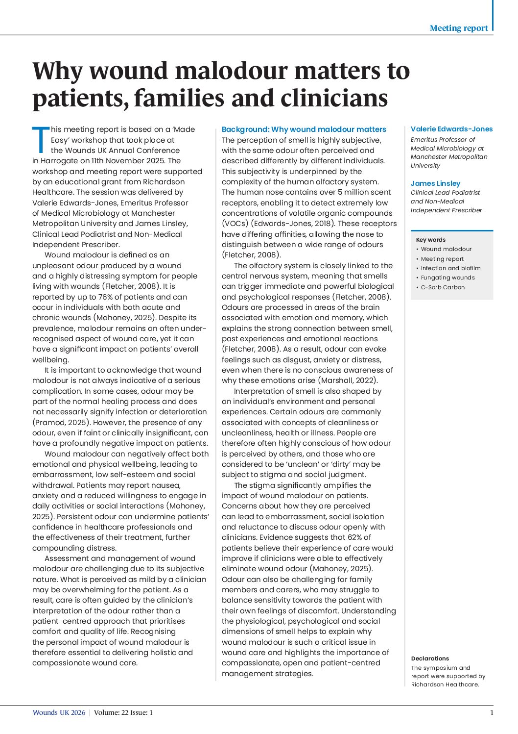 Why Wound Malodour Matters to Patients, Families and Clinicians